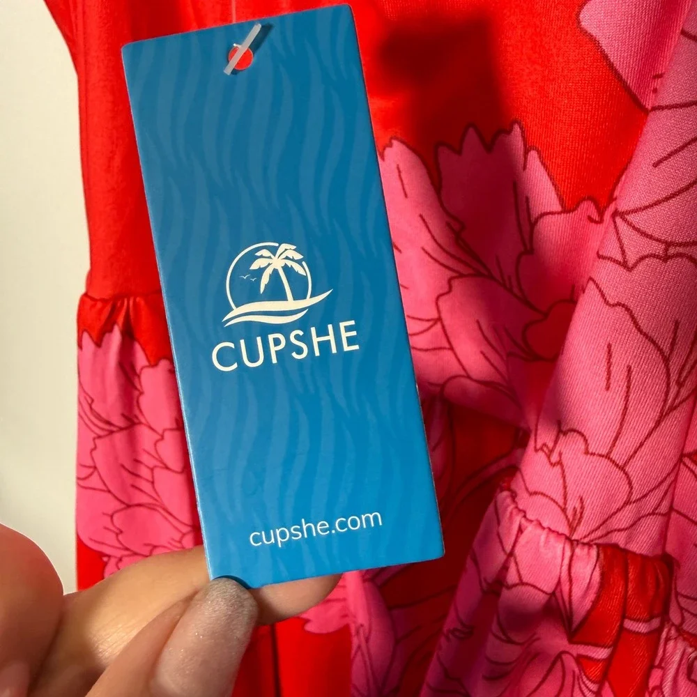 Cupshe Womens Floral Ruched V-Neck Maxi Dress Red Pink Large NWT - Picture 8 of 10